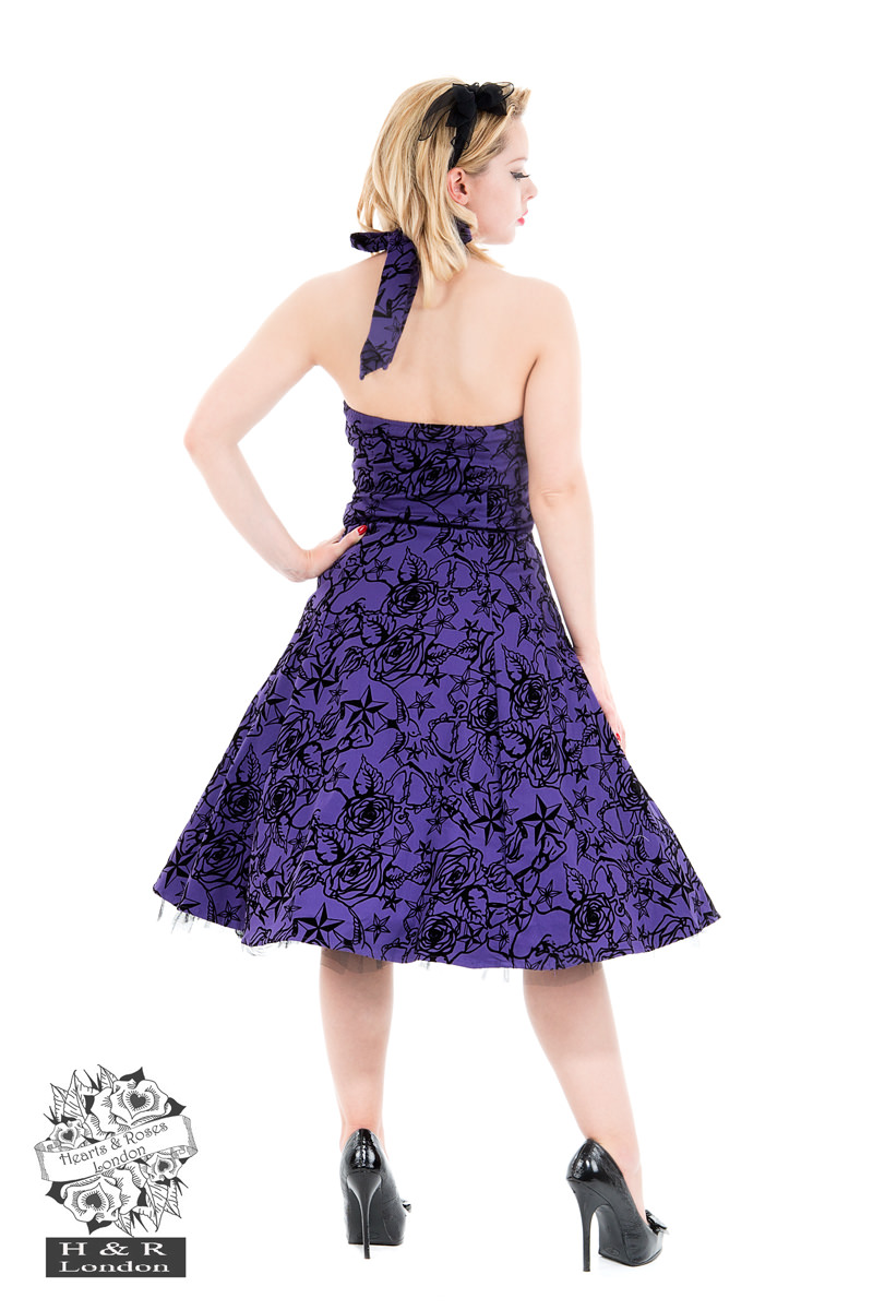 Purple Taffeta Flocked Halter Dress